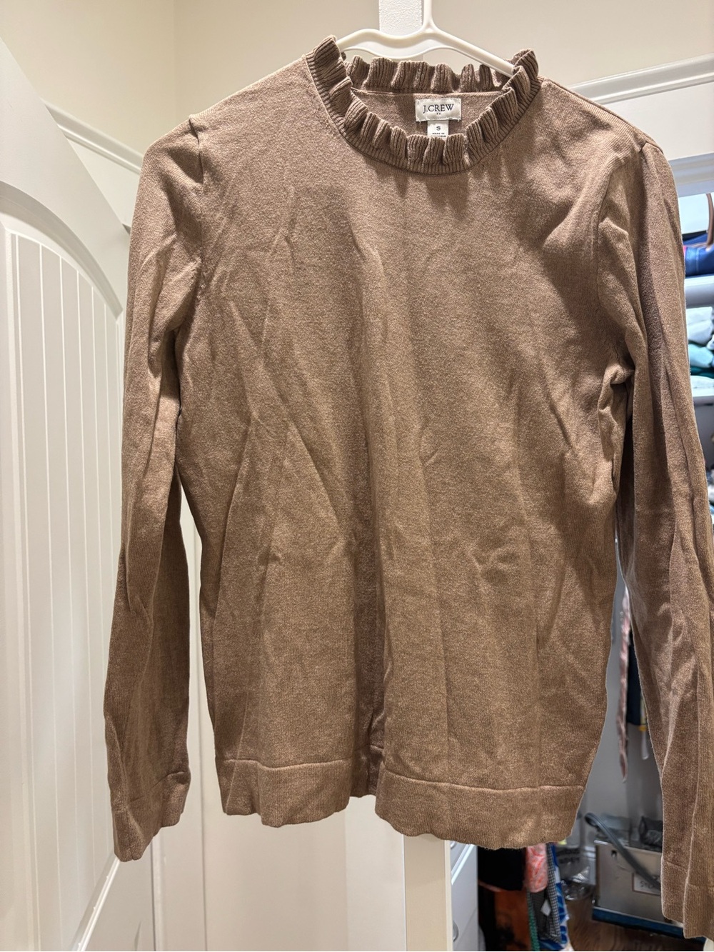 J. Crew Ribbed Ruffle Neck Sweater - Taupe